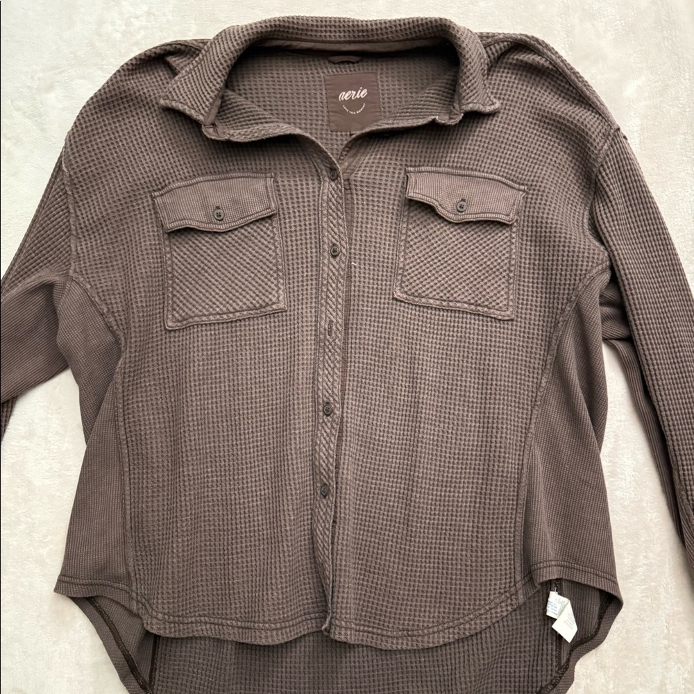 Brown Aerie Waffle Button Up